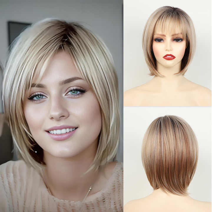 New Blonde Highlights Bob Short Straight Lace Front Wig Beanie
