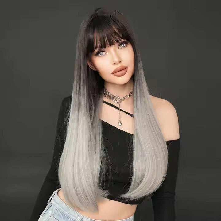 Long Straight Gray Black Wig With Bangs 28 Inch Black Wig With Black Roots Natural