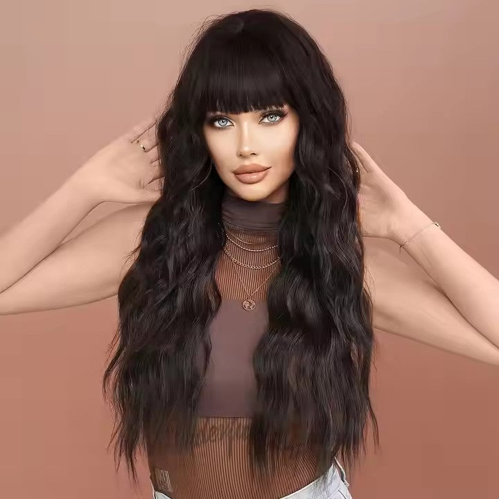 30'' Long Black Wavy Wigs for Women Synthetic Curly Wave Wig With Bangs Natural Black Curly Hair Wig for Girls Daily Party Use