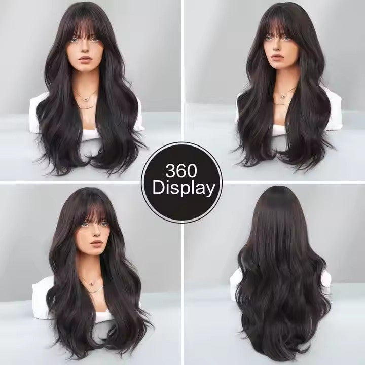 26 inch long black curly wig with bangs synthetic matte wig