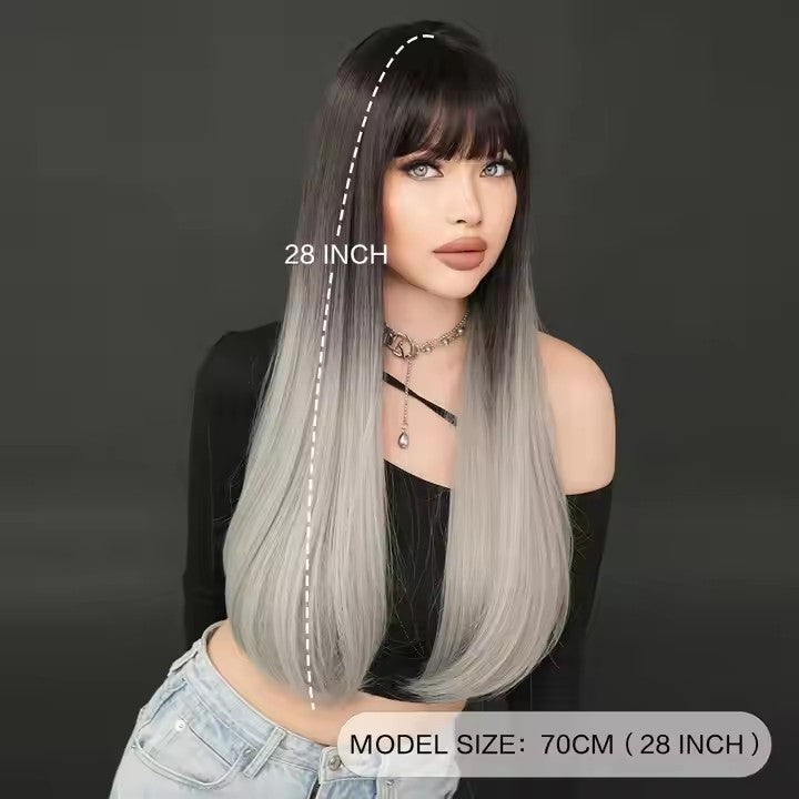Long Straight Gray Black Wig With Bangs 28 Inch Black Wig With Black Roots Natural