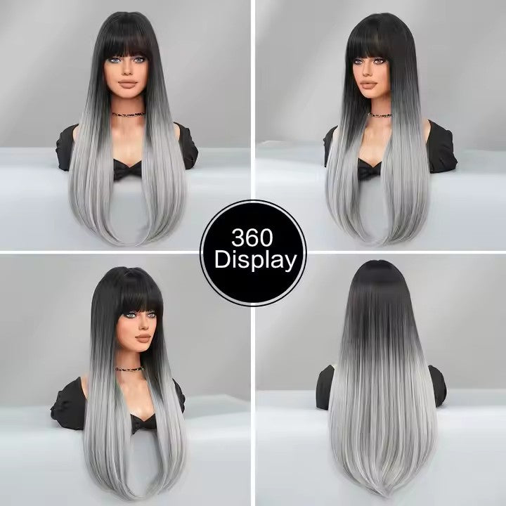 Long Straight Gray Black Wig With Bangs 28 Inch Black Wig With Black Roots Natural
