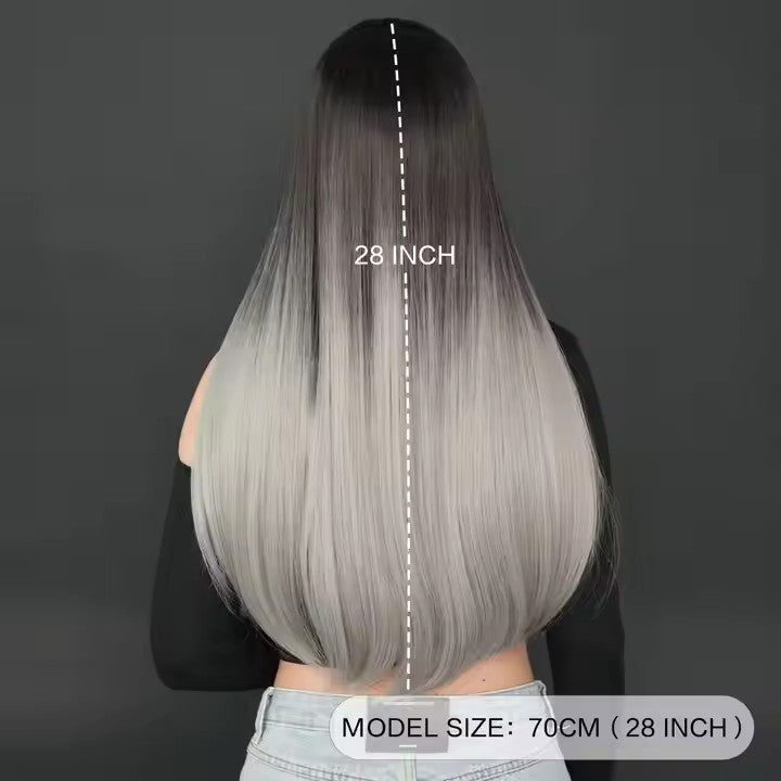 Long Straight Gray Black Wig With Bangs 28 Inch Black Wig With Black Roots Natural