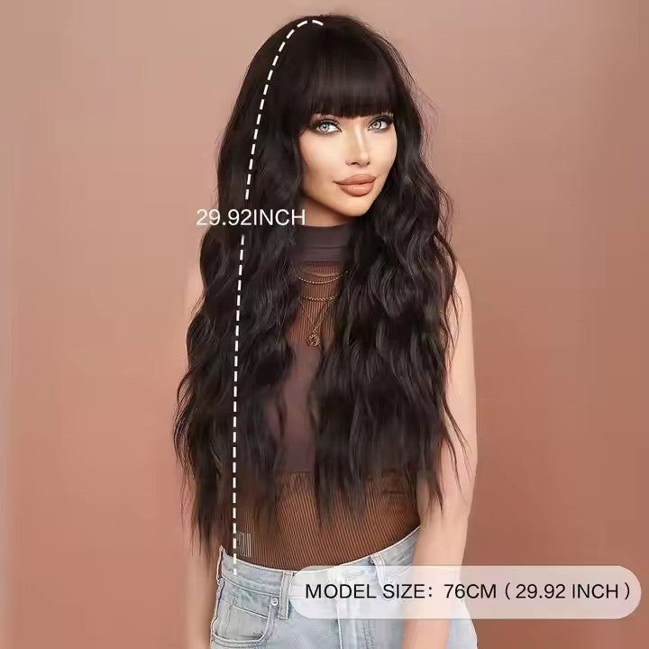 30'' Long Black Wavy Wigs for Women Synthetic Curly Wave Wig With Bangs Natural Black Curly Hair Wig for Girls Daily Party Use