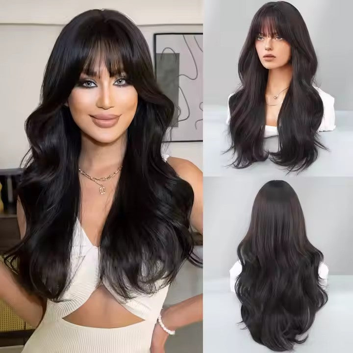 26 inch long black curly wig with bangs synthetic matte wig