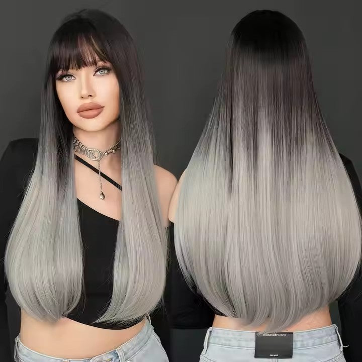 Long Straight Gray Black Wig With Bangs 28 Inch Black Wig With Black Roots Natural