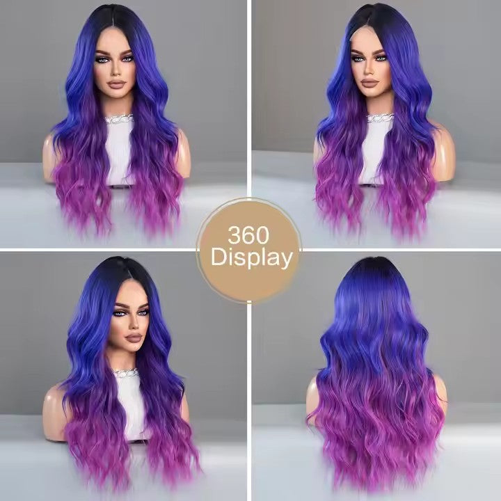 Front Synthetic Wig Center Section Curly Wave Blue Purple Wig For Everyday Parties